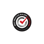 Round badge with red check mark, text "Best Practice Builder Certified," indicating certification achievement.