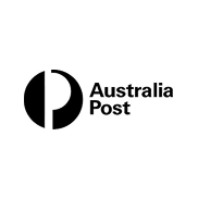 Australia Post logo, black text and circle design, postal service branding.